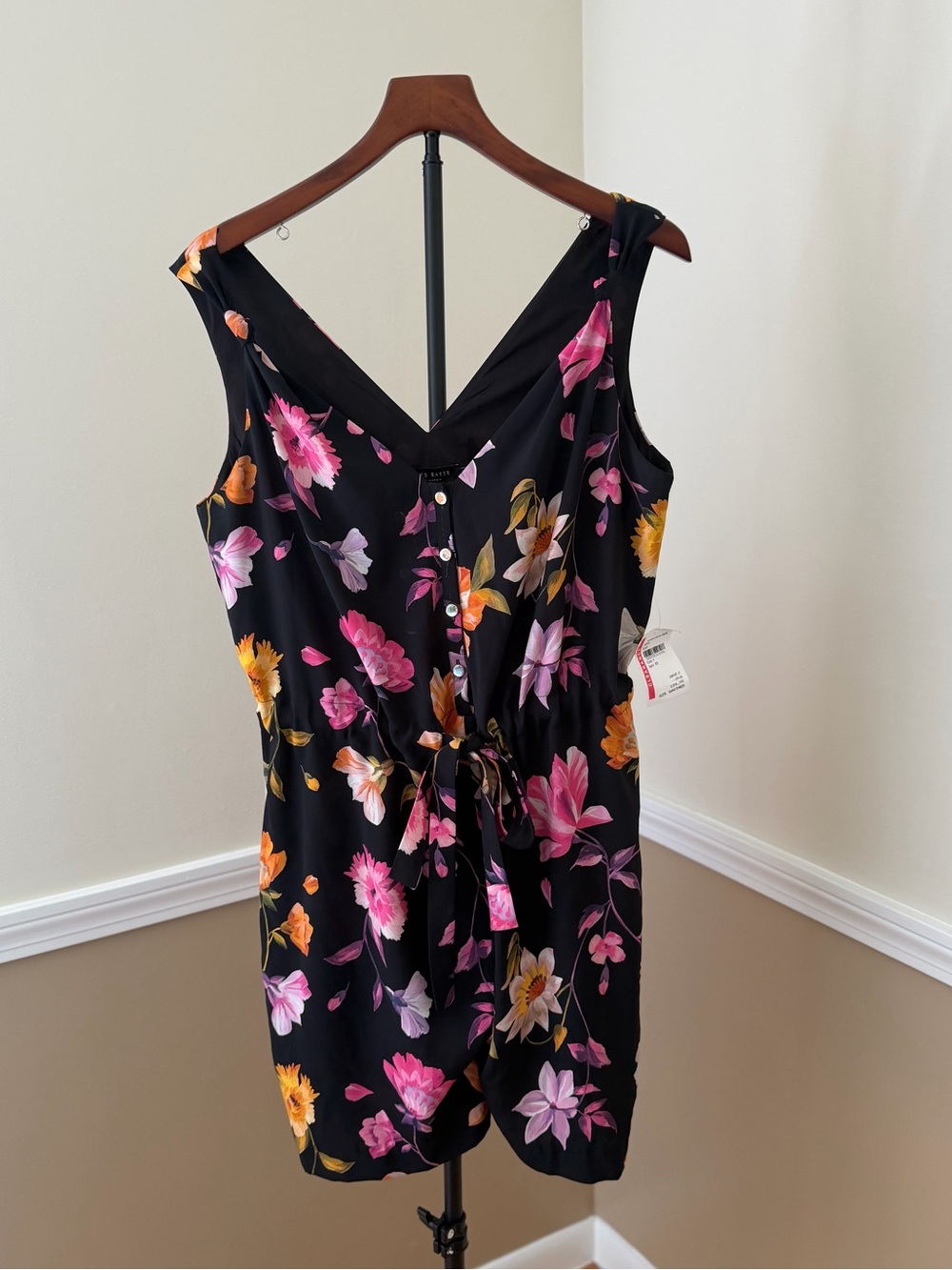 Ted Baker Black Floral V-Neck Tie-Waist Romper with Pink & Yellow Blooms